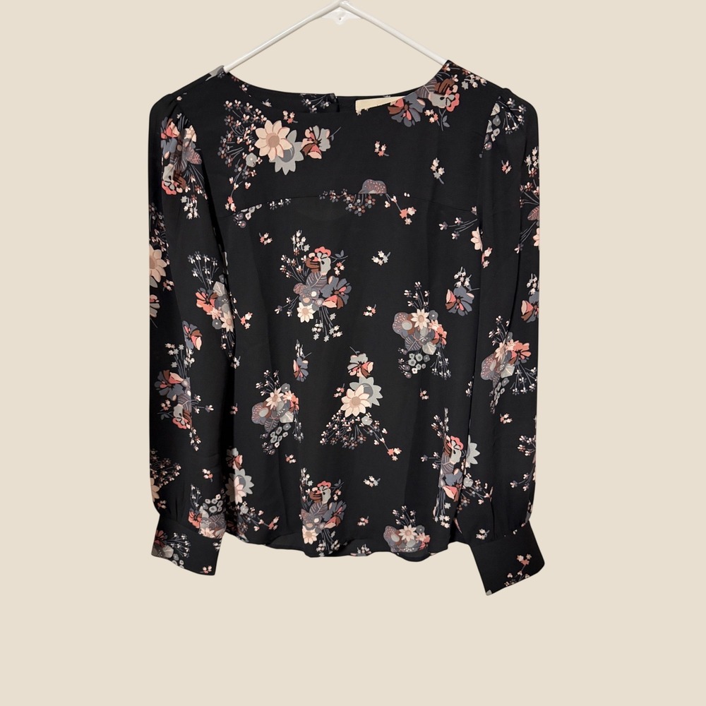 Loft Petites Black Floral Long Sleeve Blouse‎ Cutout Back SP  Whimsigoth